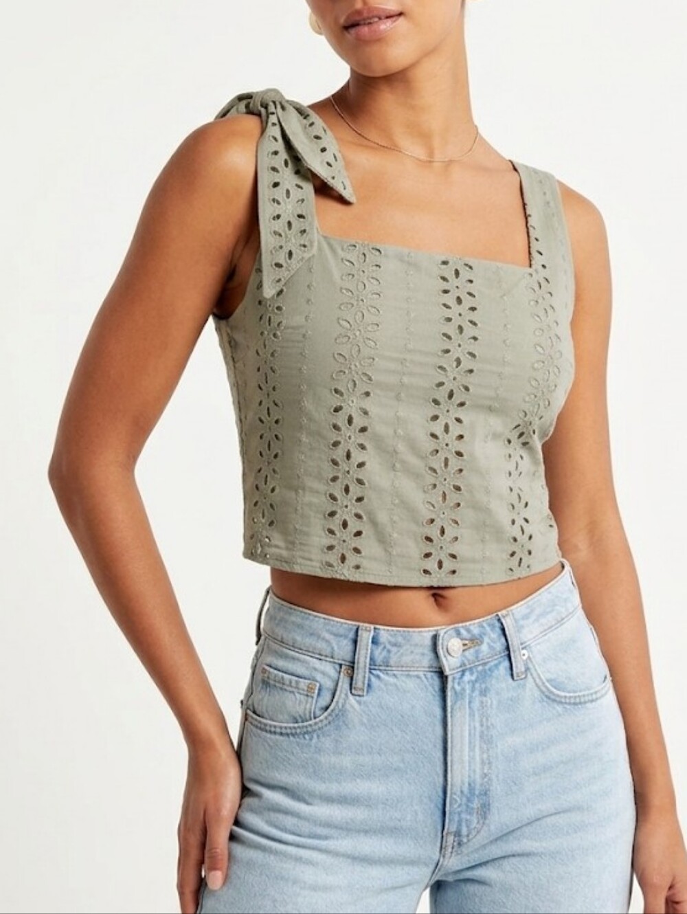 Zara Light Sage Green Eyelet Tie-Shoulder Cropped Camisole Size Xs